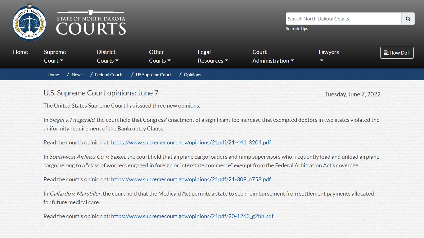 North Dakota Court System - U.S. Supreme Court opinions: June 7